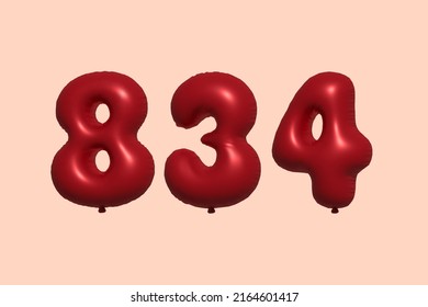 834 3d number balloon made of realistic metallic air balloon 3d rendering. 3D Red helium balloons for sale decoration Party Birthday, Celebrate anniversary, Wedding Holiday. Vector illustration