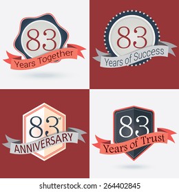 83rd Anniversary / 83 years together / 83 years of Success / 83 years of trust - Set of Retro vector Stamps and Seal 