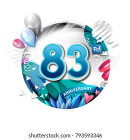 83rd anniversary background with balloon and confetti on white. 3D paper style illustration. Poster or brochure template. Vector illustration.