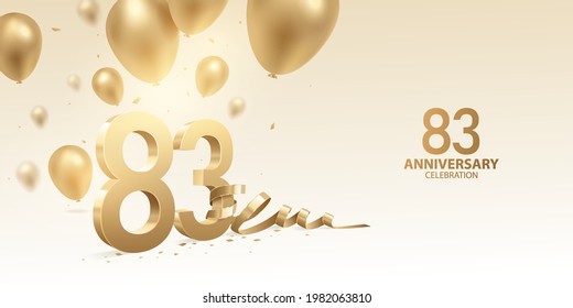 83rd Anniversary celebration background. 3D Golden numbers with bent ribbon, confetti and balloons.