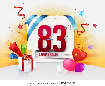 83rd anniversary celebration with colorful confetti and balloon with shiny yellow background