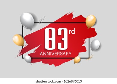 83rd anniversary design with red brush, balloons, and square isolated on white background for celebration