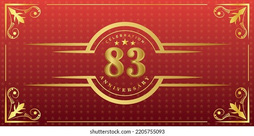 83rd anniversary logo with golden ring, confetti and gold border isolated on elegant red background, sparkle, vector design for greeting card and invitation card
