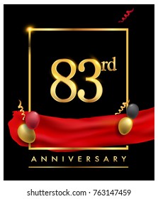 83rd anniversary logo with red ribbon  and confetti golden colored isolated on elegant background, vector design for greeting card and invitation card
