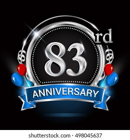 83rd anniversary logo with silver ring,balloons and blue ribbon. Vector design template elements for your birthday celebration.