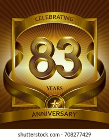 83rd anniversary logo. Vector and illustration with ribbon shiny gold