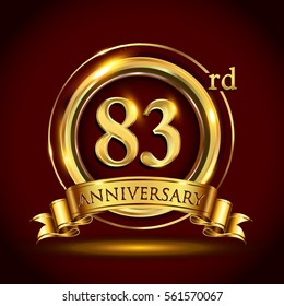 83rd golden anniversary logo, eighty three years birthday celebration with gold ring and golden ribbon.