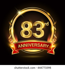83rd golden anniversary logo with ring and red ribbon, vector design.