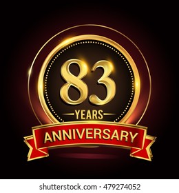 83rd golden anniversary logo with ring and red ribbon. Vector design template elements for your birthday celebration.