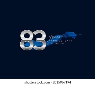 83rd Years Anniversary celebration logotype silver colored with blue ribbon and isolated on dark blue background