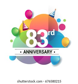 83rd years anniversary logo, vector design birthday celebration with colorful geometric, Circles and balloons isolated on white background.