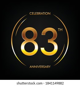 83th anniversary. Eighty-three years birthday celebration banner in bright golden color. Circular logo with elegant number design.