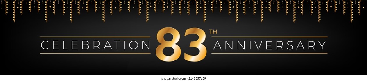 83th anniversary. Eighty-three years birthday celebration horizontal banner with bright golden color.