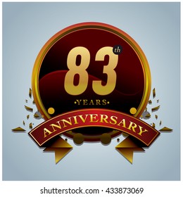 83th anniversary logo with gold circle badge. Anniversary signs illustration. Vibrant colors anniversary logo with geometric shape and circle gold ring