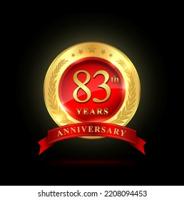 83th golden anniversary logo, with shiny ring and red ribbon, Laurel wrath isolated on black background, vector design