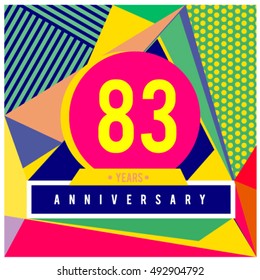 83th years greeting card anniversary with colorful number and frame. logo and icon with Memphis style cover and design template. Pop art style design poster and publication.