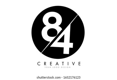 84 8 4 Diseño de logotipo numérico con un corte creativo y fondo de círculo negro. Diseño de logotipo creativo.