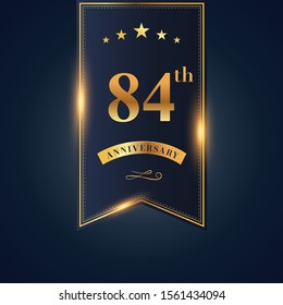 84 anniversary celebration logotype. anniversary logo with confetti golden colored isolated on black blue background, vector design for greeting card and invitation card and celebration event