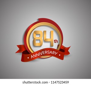84 anniversary logotype elegant circle golden and red color red ribbon isolated on white background for use company celebration event