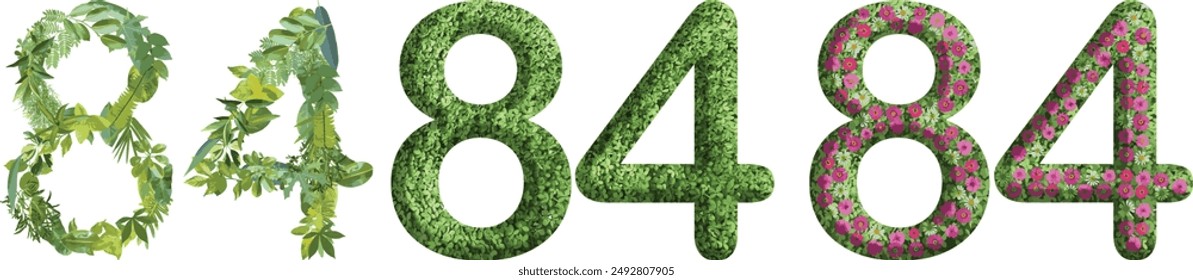84, design made from green grass, leaves and flower, .suitable for birthday, anniversary and memorial day templates, go green concept	
