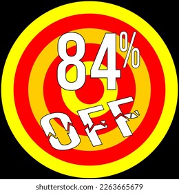 84% de descuento, objetivo en rojo y amarillo sobre fondo negro.