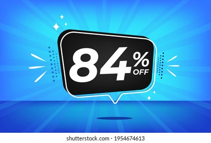 84% de descuento. Banner azul con 80 por ciento de descuento en un globo negro para grandes ventas.