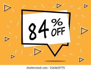 84% off. Discount 84 percent. Orange banner with floating balloon in white for promotions and offers.