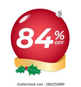 84% off. Eighty-four percent discount. Christmas sale banner. Red bubble with ornaments on a white background vector.