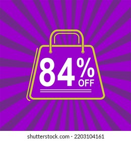 84% off. Purple, white and yellow banner with eighty four percent discount. Shopping bag concept.