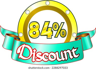84% de descuento, disco amarillo y cinta verde, ilustración vectorial para mayorista y minorista, arte ilustrativo, ilustración hermosa, vector. ¡Dios es bueno!