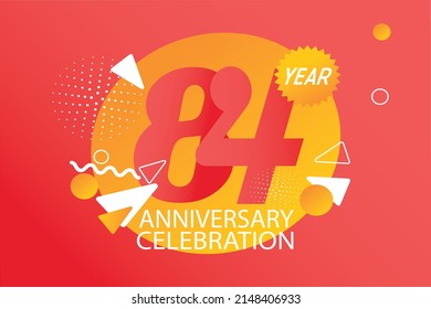 84 Jahre Jubiläum Feierlichkeiten Logo. Jubiläumslogo mit orangefarbener und weißer Farbe einzeln auf schwarzem Hintergrund, Vektordesign für Feiern, Einladungskarte und Grußkarte - Vektorgrafik