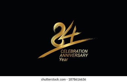84 year anniversary chalk, golden ink Style , minimalist logo. years, jubilee, greeting card. Birthday invitation sign. Black space vector illustration on black background - Vector