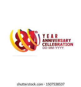 84  Year Anniversary, Red Color Text and Yellow-Orange-Blue Ribbon. Isolated graphic anniversary for banner, greeting card - vector