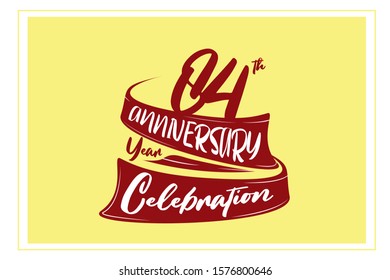 84 year anniversary Red Ribbon, minimalist logo, greeting card. Birthday invitation. Red space vector illustration on yellow background - Vector