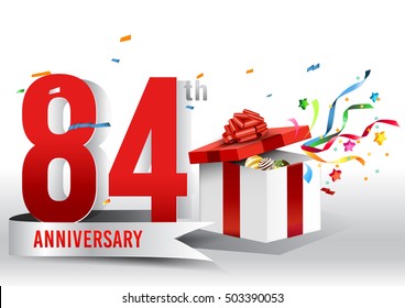 84 years anniversary background with ribbon, confetti and gift on white. Poster or brochure template. Vector illustration.
