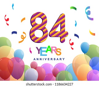 84 years anniversary celebration with colorful balloons and confetti, colorful design for greeting card birthday celebration
