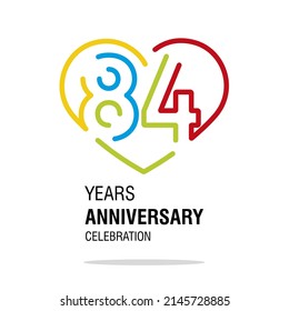 84 Years Anniversary Celebration Decoration Colorful Number Bounded By A Loving Heart Modern Love Line Design Logo Icon White Background