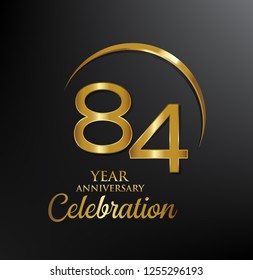 84 years anniversary celebration. Anniversary logo with swoosh and elegance golden color isolated on black background, vector design for celebration, invitation card, and greeting card