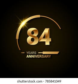 84 Years Anniversary Celebration Logotype. Golden Elegant Vector Illustration  with Swoosh or Half Circle,  Isolated on Black Background can be use for Celebration, Invitation, and Greeting card