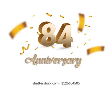 84 years Anniversary with golden 3d number and blur confetti isolated on white background