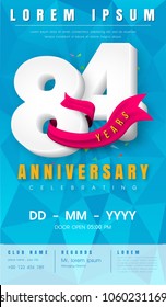 84 years anniversary invitation card or emblem - celebration template design , 84th anniversary modern design elements with  background polygon and pink ribbon - vector illustration.