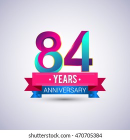 84 years anniversary logo, blue and red colored vector design