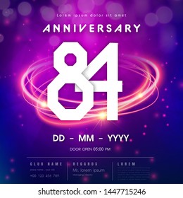 84 years anniversary logo template on purple Abstract futuristic space background. 84th modern technology design celebrating numbers with Hi-tech network digital technology concept design elements.