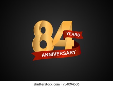 84 years anniversary logotype with elegance gold color and warp red ribbon