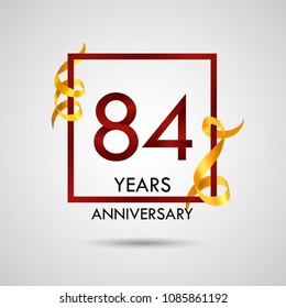84 years anniversary with red number design inside red square and golden ribbon element, isolated on white background can be used as celebration card
