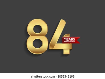 84 years anniversary simple design with golden color and red ribbon isolated on black background for celebration event