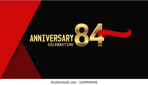 84 years Anniversary simple design with golden font and red ribbon, black and red background. red ribbon on the second font. elegant and simple design. My all design can see in my portofolio