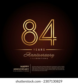 84 years anniversary, anniversary template design with double line number and golden text for birthday celebration event, invitation, banner poster, flyer, and greeting card, vector template