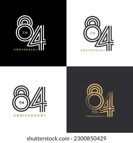 84 years anniversary vector number icon, birthday logo label, black, white and colors with stripe number