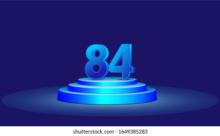 84 Years Anniversary Vector Template Design Illustration. Blue 3d Numbers with podium stage for celebration
